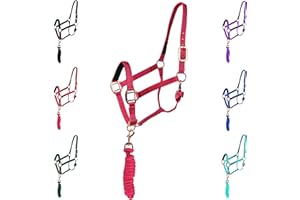 Majestic Ally Halter with Lead Rope for Horses–Adjustable Chin and Crown–Rolled Throat Latch with Replaceable Snap–Padded Noseband–Heavy Duty Rose Gold Finish Hardware–Full