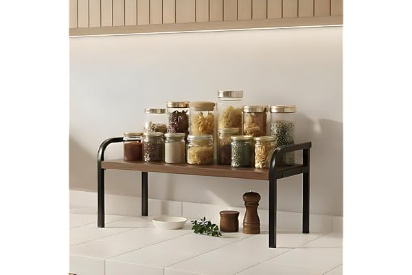 ABJA Kitchen Stylish Counter Top Organizer, Rack Stand for Storage, Wooden Shelf, Spice Rack Organizer, Oil Stand, Tabletop Rack For Makeup, Office (1Tier, Rustic Brown)