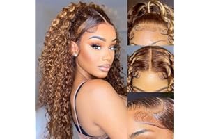 REBASAR Highlight Ombre Perruque Femme Naturelle Brésilien Deep Wave 13x4 Lace Wig Human Hair Perruque Bresilienne Bouclée Perruque Cheveux Humain 150% Density Curly Wig Honey Blond 4/27 Couleur 26 Pouces