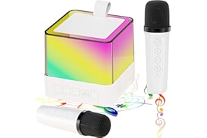 laqula Mini Machine Karaoké pour Enfants Adultes avec 2 Microphones sans Fil Enceinte Portable Bluetooth avec Lumières LED Lecteur de Musique Jouets Cadeaux d'anniversaire (Blanc)