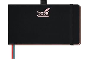 BEZEND Agenda 2026 Semana Vista Pequeña 16,7 x 9,4 cm - Agenda Semanal de Bolsillo, Formato Horizontal con Horario Vertical, Borde de Oro Rosa, Tapa Dura en Cuero PU, Negro