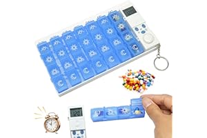 Sporgo Tablettenbox 7 Tage mit Alarm: Pillendose 7 Tage 4 Fächer, Medikamentenbox 7 Tage mit Timer und Wecker Erinnerung, Tragbarer Tablettenspender 7 Tage Tabletten Organizer für Medikamente (Blau)