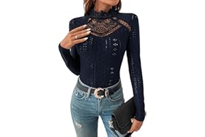 GORGLITTER Body elegante para mujer, cuello alto, ojal, bordado, manga larga, con encaje