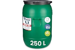 Garronda 250 litros Bidón de plástico, Barril alimentario en HDPE y sin BPA, depósito de Agua, Barril Universal de Boca Ancha, tonel de jardín, Contenedores de Almacenamiento GD-0142, Verde