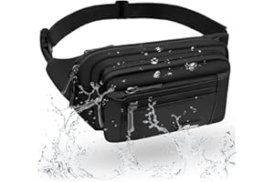 HNOOM Riñonera Resistente al Agua con 5 Bolsillos con Cremallera para Hombre Mujer, Bolsa de Cinturón Moda Grande con Cinturón Ajustable para Viaje, Senderismo, Correr, Entrenamiento (Negro-1)
