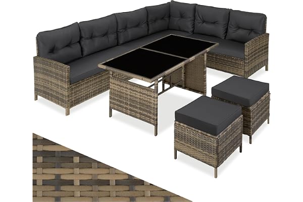 tectake® Ensemble Salon de Jardin Exterieur Modulable en Rotin, Canape Exterieur d’Angle, Table avec Plateaux en Verre et 2 Tabouret Pouf, Coussins Inclus, Salon de Jardin, Balcon, Terrasse