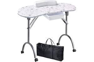 Kalolary Tavolo Manicure, Tavolo per Unghie Portatile Tavolo Manicure Professionale Pieghevole con Rotelle, Cassetto, Poggiapolsi in Spugna, Borsetta (bianca)