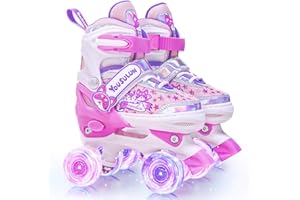 ‎YOUSULUN Rollschuhe Kinder 4 Größen Verstellbar Rollerskates mit Leuchtenden Rädern Blau Violett Meerjungfrau Schuhe mit 4 Rollen für Mädchen, Jungen und Anfänger