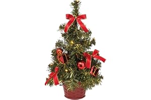 ‎IDENA Idena 8582154 – dekoracyjna choinka z 20 diodami LED w kolorze ciepłej bieli, ok. 35 cm wysokości, z czerwoną ozdobą drzewka w doniczce, z 6-godzinnym timerem, zasilana bateriami, dekoracja do wnętrz,