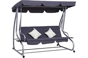 Outsunny Balancelle de Jardin 3 Places Convertible Toit Inclinaison réglable 2 tablettes Support 2L x 1,2l x 1,64H m métal époxy Noir Polyester Gris