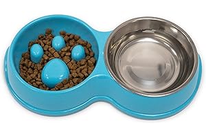 Fur & Bone Double Slow Feeder Dog Bowl | Raised Dog Bowl with Non-Slip Bottom | Food & Water Bowl | Stainless Steel Bowl | Detachable Raised Cat Bowl (Blue)