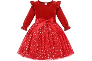 Naiyafly Toddler Girls Dress Velvet Ruffle Long Sleeve Kids Sparkle Sequins Tulle Tutu Christmas Dress Holiday Festive Wedding Party Birthday Fall Winter Princess Dress Outfit 2-7 Years