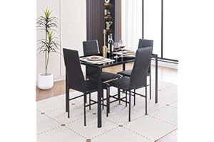 Paonne Glass Dining Table Chair Set 4, 5Pcs Dining Room Set 4, Glass Rectangular Table with PU Leather Chairs Modern Home Kitchen Furniture Set