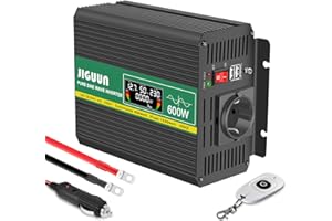 JIGUUN 600W inversor 12V/24V 220V Onda Pura Convertidor Inverter con Toma EU y 2 Salidas USB 2.4A，Mando a Distancia inalámbrico y Pantalla LCD Potencia máxima 1200W para RV, Viajes, emergencias