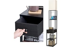 ‎ADDLON addlon Stehlampe mit lampeshrim, dimmbare Stehlampe mit 2 USB-Ladeanschlüssen&Schublade, LED Stehlampe Vintage mit 3 Farbtemperaturen, Stehleuchte mit Holzregalen für Wohnzimmerf, Schlafzimmer, Büro