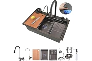 Bokaiya Évier de Cuisine, Cascade Multifonction, Evier de Cuisine à Comptoir Raindance Professionnel Lavabo Acier Inoxydable avec Lave Verre & Robinet Extractiblen Haute Pression Noir 85x45x21cm