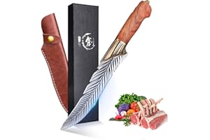 PURPLEBIRD Couteau de cuisine forgé à la main avec étui en cuir, Couteau à désosser tranchant avec manche en bois Couteau d'extérieur, Couteau de cuisine en acier au carbone