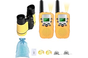 Joyoldelf Walkie Talkie Niños Largo Alcance, 3-5 Kilómetros de Largo Alcance, Regalo de Cumpleaños, Juguetes al Aire Libre Para Niños de 3 a 12 Años, 2 Piezas con Linterna, PrismáTicos, Silbato, Bolsa