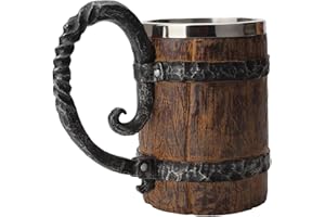 DISPRA Boccale da birra vichingo, boccale da birra in botte di legno imitazione vintage da 550 ml, boccali per bevande, bicchieri in acciaio inossidabile a prova di perdite con manico, boccale da birra a dop