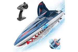 DEERC Fast Brushless RC Shark Boat for Adults, 30+MPH 3S High Speed Remote Control Boat, Self-righting 2.4Ghz Speedboat with LED Lights, Summer Toy Gift for Kids