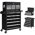 HOMCOM 2 in 1 Rolling Tool Cabinet on Wheels with 14 Drawers, Pegboard and Side Rack, Lockable Top Tool Chest and Roller Cabinet Combo for Workshop and Home, Black