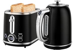 HOMCOM Digital Kettle and Toaster Set with LED Screen, 1.7L 3000W Kettle with 3Hr Keep Warm Memory Function & 12 Temperatures Control, 2 Slice Toaster with 6 Browning Controls, Crumb Tray, Black