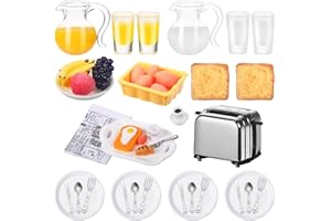 SUILUNG 44 Accessori da Cucina in Miniatura per Casa di Bambole 1:12 Mini Set per Colazione Modello di Scena Mini Macchina per Toast Pane Succo di Frutta Latte Uova Tazze Piatti Coltello Forchetta