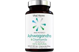 VITAL HAVEN 100% Natural - Ashwagandha KSM-66 (600mg) + Chamomile (150mg) with Bioperine for Maximum Absorption - Premium Ingredients - Vegan Supplement - Ayurveda Indian Ginseng - Made in The UK