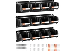 VEVOR Wall Mounted Storage Bins, 12 Plastic Bins & 3 Metal Rails, Plastic Hanging Stackable Storage Bin for Screws, Nuts, Bolts, Nails, Hardware Tool Organizer for Workshop, Craft Room, Garage, Black