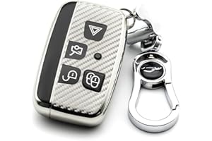 M.JVisun Soft Carbon Fiber Finish Car Key Fob Cover For Land Rover Discovery 4/Sport Freelander 2 For Range Rover Evoque/Sport/Velar Electroplated TPU Case With Metal Keychain - Silver