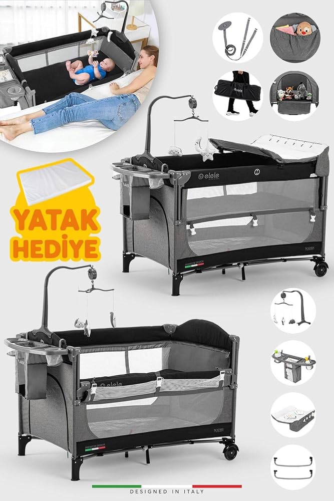 Elele Madre Anne Yanı Park Yatak Oyun Parkı 70x110 Cm Gri-siyah