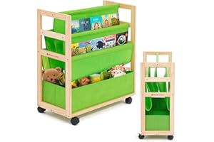 ‎HOMCENT HOMCENT Bücherregal für Kinder mit großen Aufbewahrungsbehältern und rollenden Rädern, Doppelseitiges Kinder Sling Bücherregal für Kinderzimmer, Spielzimmer, Spielzeugaufbewahrung