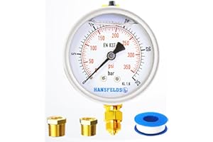 Hansfelds bar Pressure Gauge Liquid Filled 1/4'' BSP Lower Mount 63mm Dial Face Polycarbonate Window Brass Internal and Connection Dual Scale bar/psi Accuracy 1.6 HEAVY DUTY (0-25bar 63mm Low)