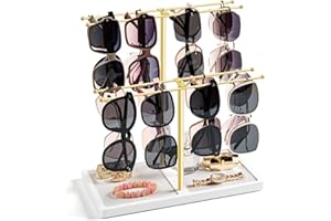 Emfogoo Sunglass Organizer, 2-Tier Glasses Holder Stand for 16 Pairs of Eyewear, Sunglasses Display Rack with Wood Base, Eyeglass Holder for Nightstand, Desk, Dresser, Bedroom (Gold+White)