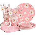 EASY JOY 80 Pcs Party Tableware Set Flower Party Plates Daisy Birthday Party Decorations Floral Fairytale Theme Party Plates Teapot Pinata Set for Afternoon Tea Wedding Birthday Baby Shower Hiking