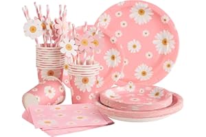 SUNBEAUTY Party Tableware Set, Little Daisy Theme, Pastel Birthday Decorations, Paper Party Tablewares for Birthday Plates and Napkins Sets, Baby Shower Decor - 80 Pcs