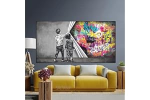BIEMBI Street Graffiti Art Derrière le Rideau Peinture sur Toile, Garçon et Fille Banksy Wall Art Posters Prints pour Home Room Decor 90x180cm pas de cadre