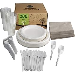 GoBeTree Servizio da tavola da 200 Pezzi per 25 Persone. Stoviglie in Canna da Zucchero Include 50 Piatti, 75 Posate di amido di Mais riutilizzabili, 25 Bicchieri e 50 tovaglioli.