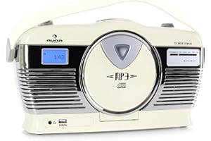 auna RCD-70 - Radio FM, Diseño Retro, Nostálgico, USB, MP3, Reproductor de CD MP3, Reproducción programable, Reproducción aleatoria, Pantalla LCD, Salida de Auriculares, Portátil, Crema