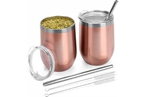 TELANKS Mate Tee Becher Set, 340 ml Mate Tee Tasse, Doppelwandiger 18/8 Edelstahl Mate Tasse mit Mate Strohhalm und eine Reinigungsbürste, Yerba Mate Becher (2, Roségold)