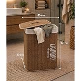 Bambu G&ouml;r&uuml;n&uuml;ml&uuml; Kapaklı Kirli &Ccedil;amaşır Sepeti 75 Litre 40x60x30 cm | Yan Tutama&ccedil;lı, Deri Detay, İ&ccedil; Astarlı, Organizer Sepet, M