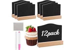 YFPOPONE 12 Stück Klein Kreidetafel, Mini Tafel Set mit Holzbasen, Stifte, Tuch, Kleine Tafeln zum Beschriften für Buffet Schilder, Doppelseitige Buffet Schilder Preisschilder für Hochzeit, Geburtstag
