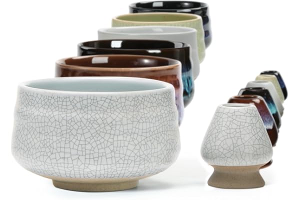 TEANAGOO Fouet Matcha et Support pour Bol et Fouet, Chasen Stand, MB-5, 510ML, 2 pièces/boîtes, Blanc Ivoire Mat avec surpiqûres Noires, Tasses à Matcha…