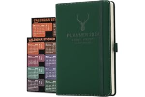 HOLDERZWU Agenda académica 2024, agenda diaria 2024 de enero de 2024 a diciembre de 2024, agenda diaria A5 con anillo de pluma, marcadores, calcomanías mensuales, bolsillo interior, 14 x 21,5 cm (Verde)