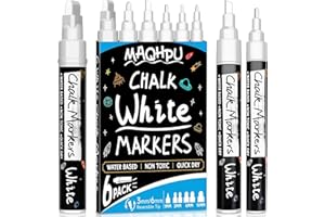 Maqhpu Weiß Kreidestifte für Fenster & Tafel Abwaschbar, 6 Stück Kreidemarker Fenster, Whiteboard Marker Fenstermalstifte Fensterstifte Tafelstifte für Glas & Gewürzgläser(1mm, 3mm, 6mm, 10mm)