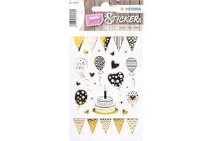 ‎HERMA HERMA 15560 Aufkleber Geburtstag Gold Silber, 22 Stück, Geschenk Sticker mit Luftballons Kuchen Torte Herzen, Erwachsene Geschenkaufkleber für Glückwünsche Happy Birthday Herzlichen Glückwunsch Deko