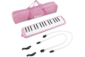 Flexzion Melodica 32 Tasten Pianica Blasklavier Tastatur Mundharmonika Blasinstrument Tragetasche, 2 lange Rohrmundstücke, 2 Trompete Mundstück Bausatz Anfänger Kinder Spaß Musikgeschenk, Rosa