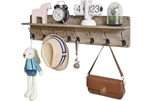 YMYNY Wandgarderoben mit Ablage, 2er Set Wandregal in einem Paket, Garderobenhaken mit 8 Doppelhaken, Holz, für Mäntel, Jacken, Hüte, Taschen, für Eingangbreich, Schlafzimmer, Grau HWS006Y-2