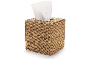 YANGQIHOME Square Rattan Tissue Box Cover, Hand Woven Wicker Tissue Holder, 14.5 x 14.5 x 14.5 cm, Natural