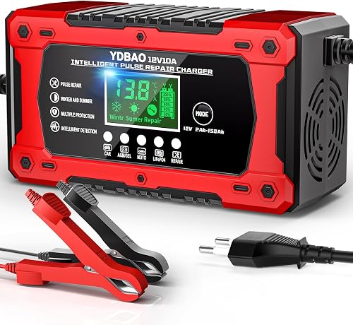YDBAO Cargador baterias Coche 12V 10A para Auto,Moto, Camión, AGM, Gel,SLA | Reparación por pulsos,Múltiples Protecciones,Pan